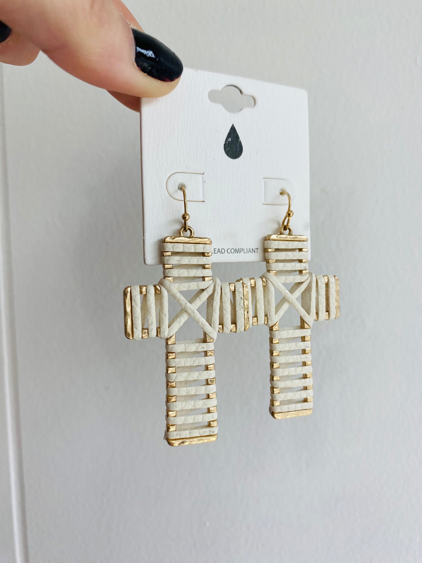 White and Gold Cross Dangle Earrings