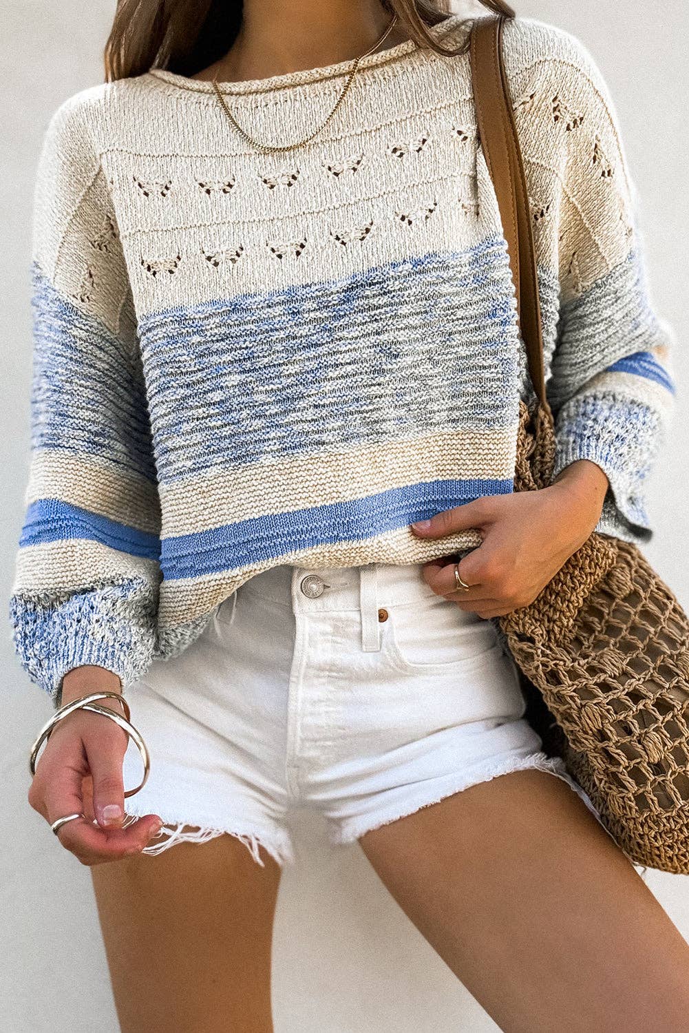 Light Blue 3/4 Sleeve Striped Sweater