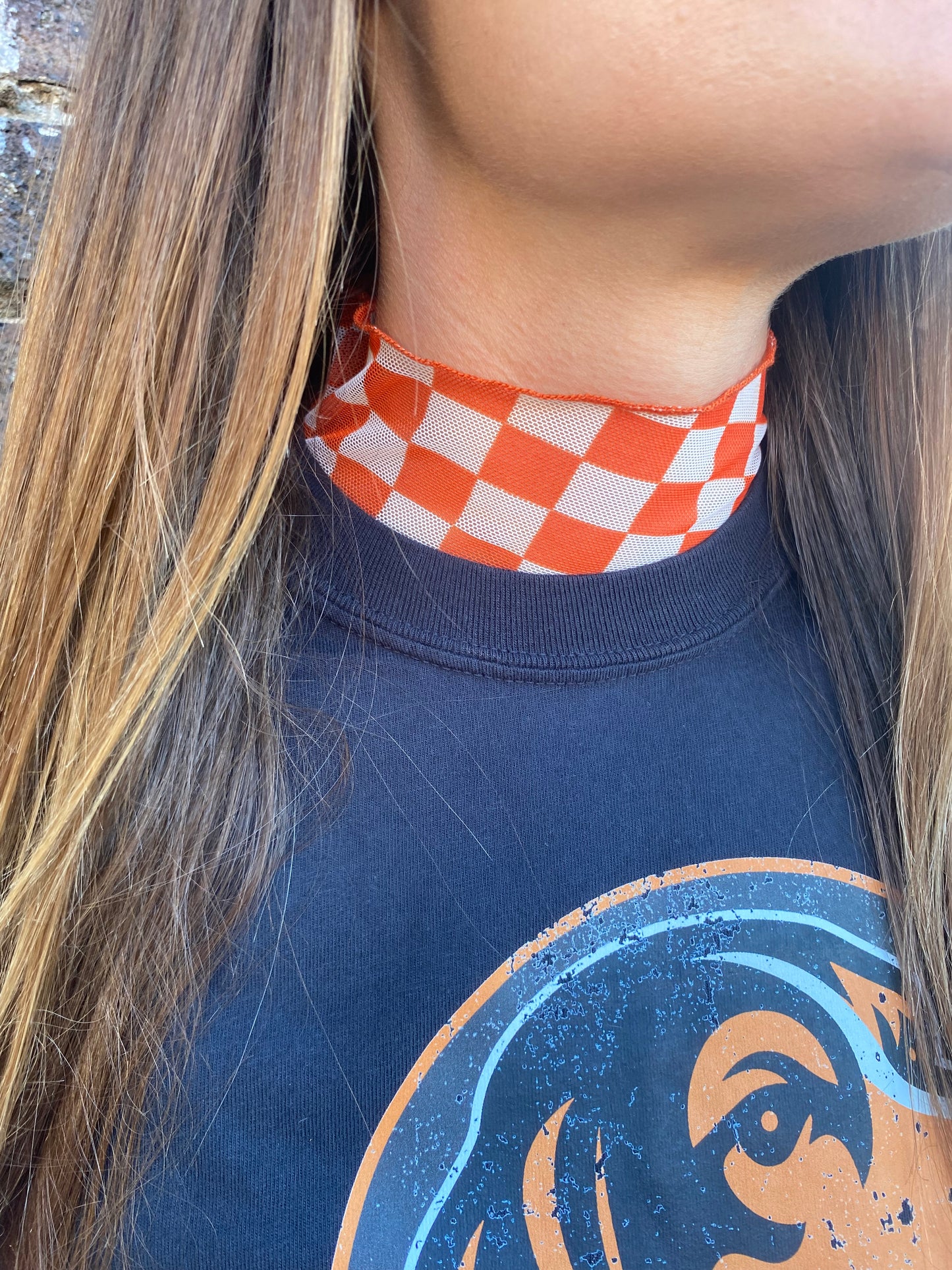 Checkerboard Mesh Top- Orange and White