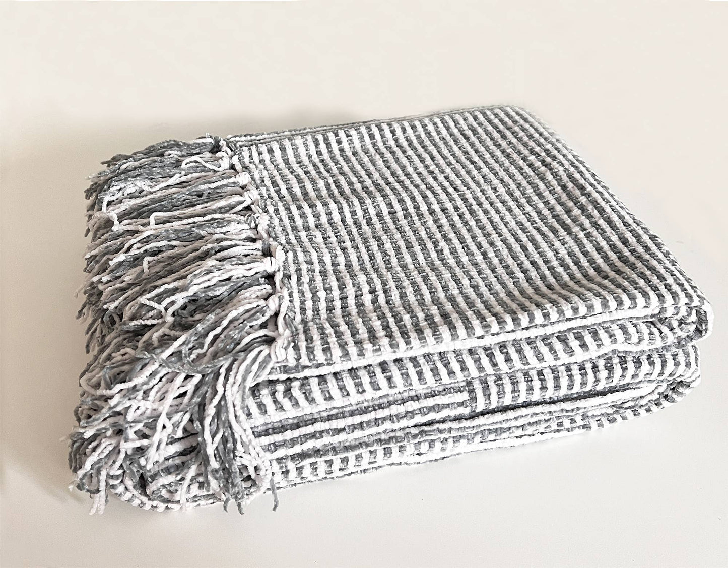 Grey Chenille Woven Striped Throw Blanket