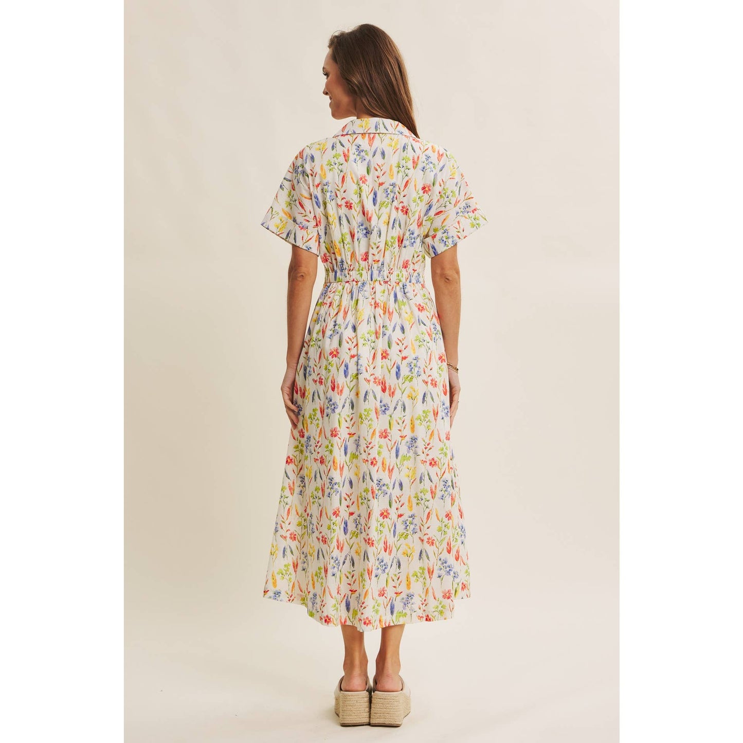 Romantic Floral Pleated Waist Button-Down Midi Dress