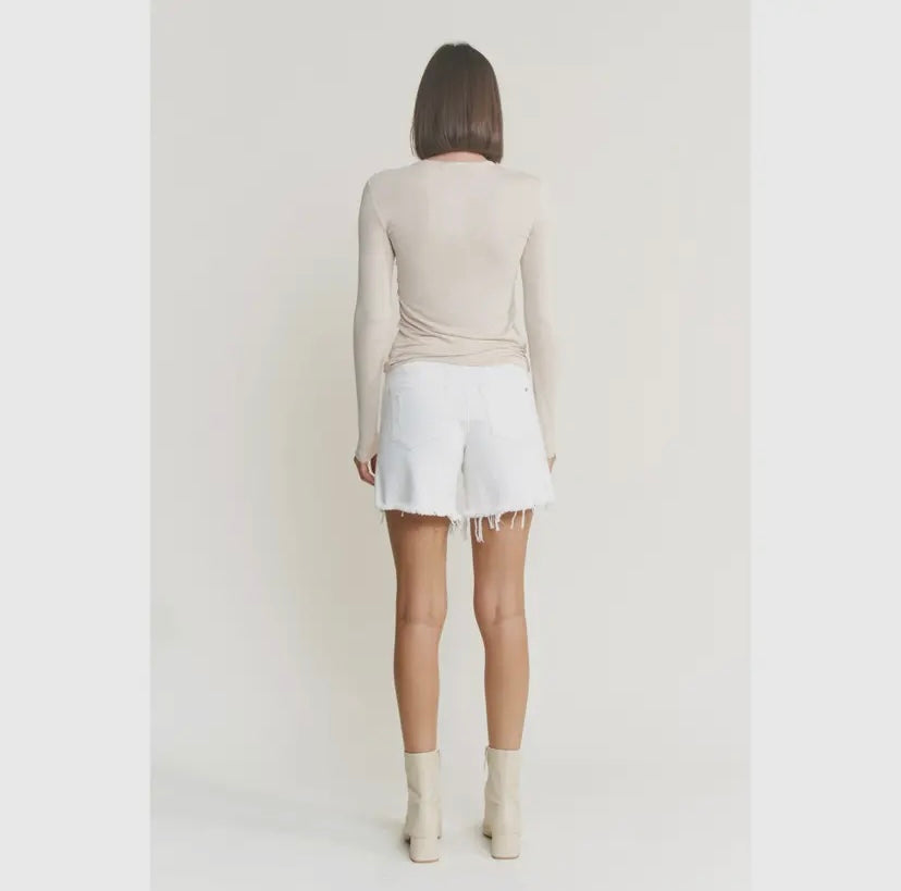 High Rise Distressed Raw Hem White Denim Shorts