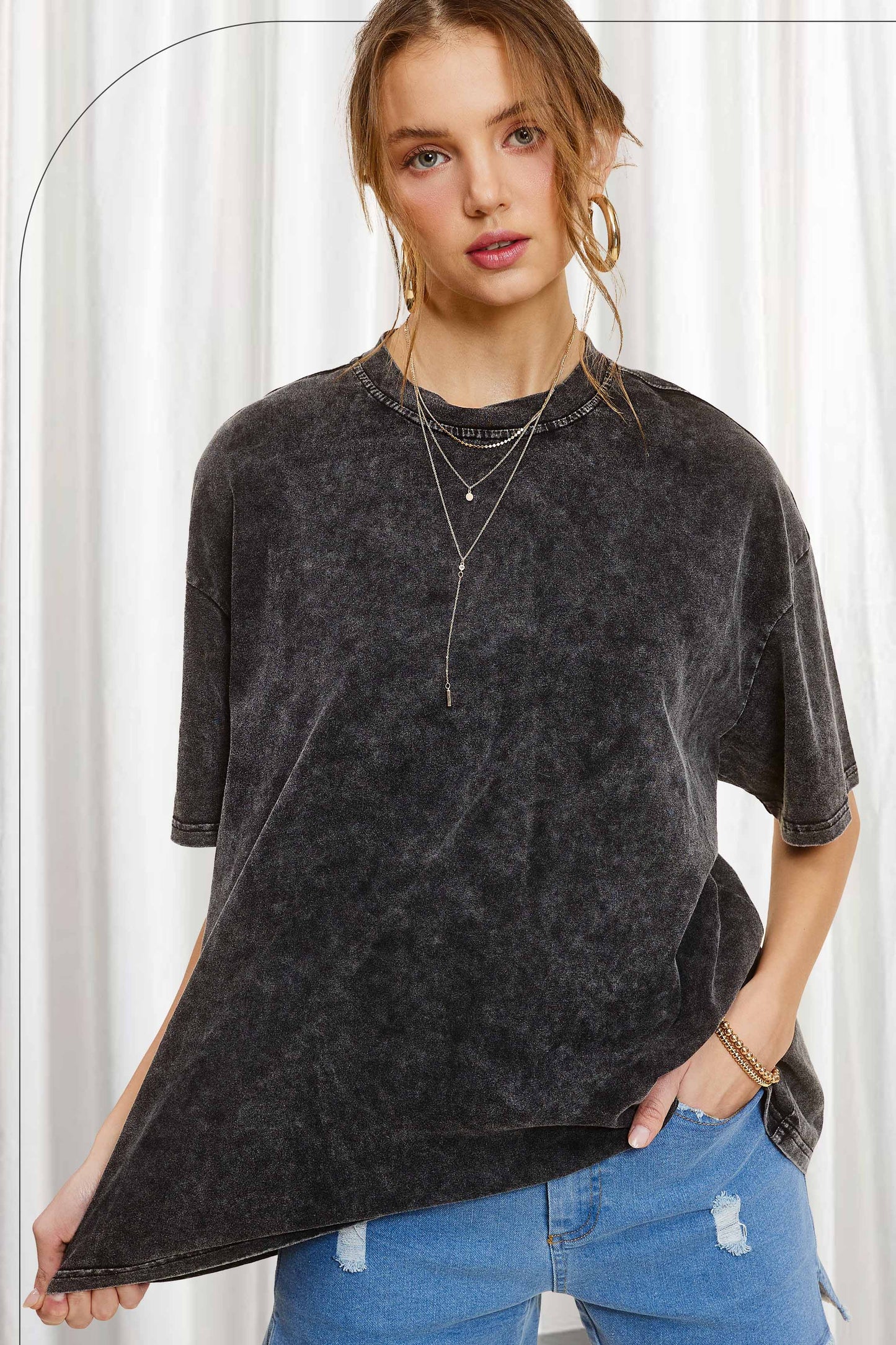 Mineral Washed Oversized Short Sleeve Basic Top- Charcoal