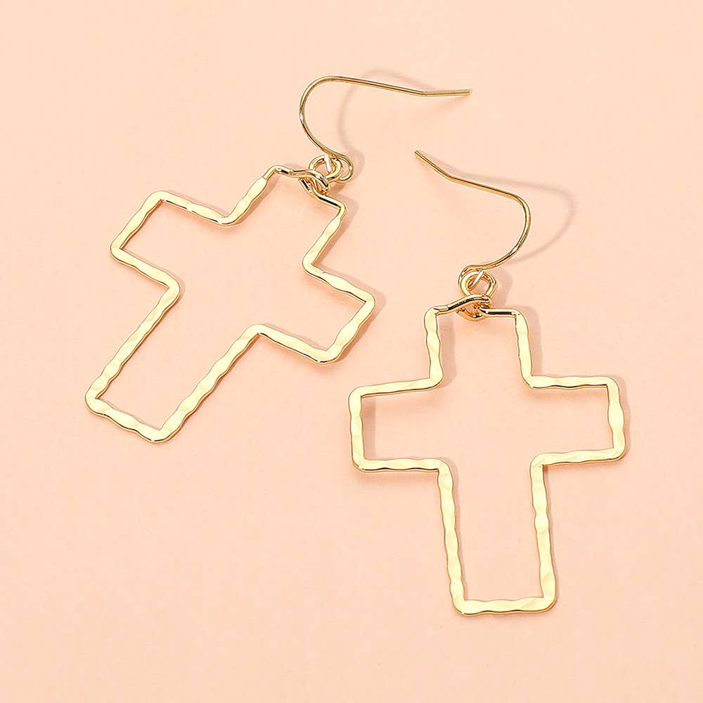 18K Gold Dipped Brass Metal Hammerd Open Cross Dangle Earrings