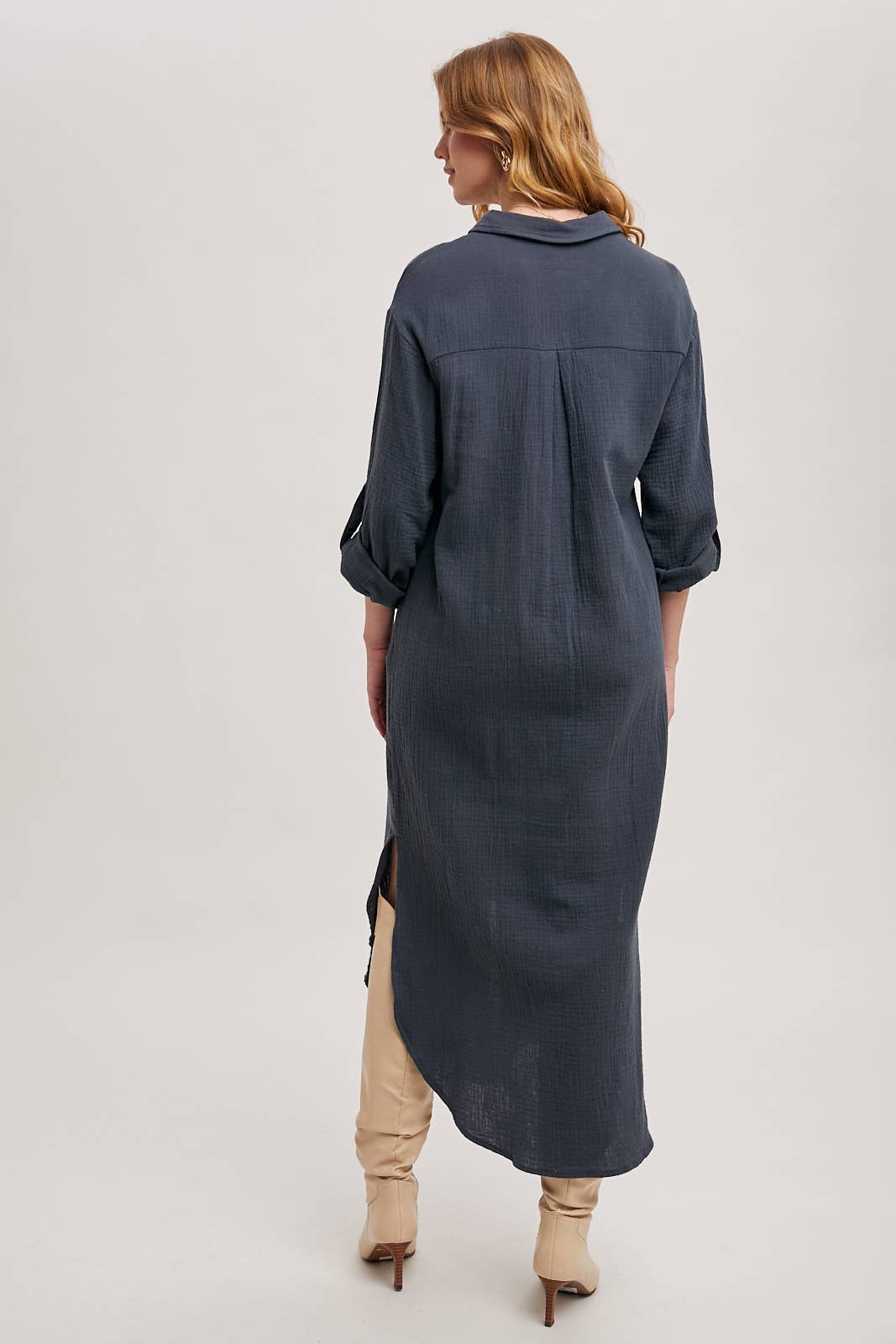 Textured Button-Up Maxi Dress | Collared Woven Dress with Pockets