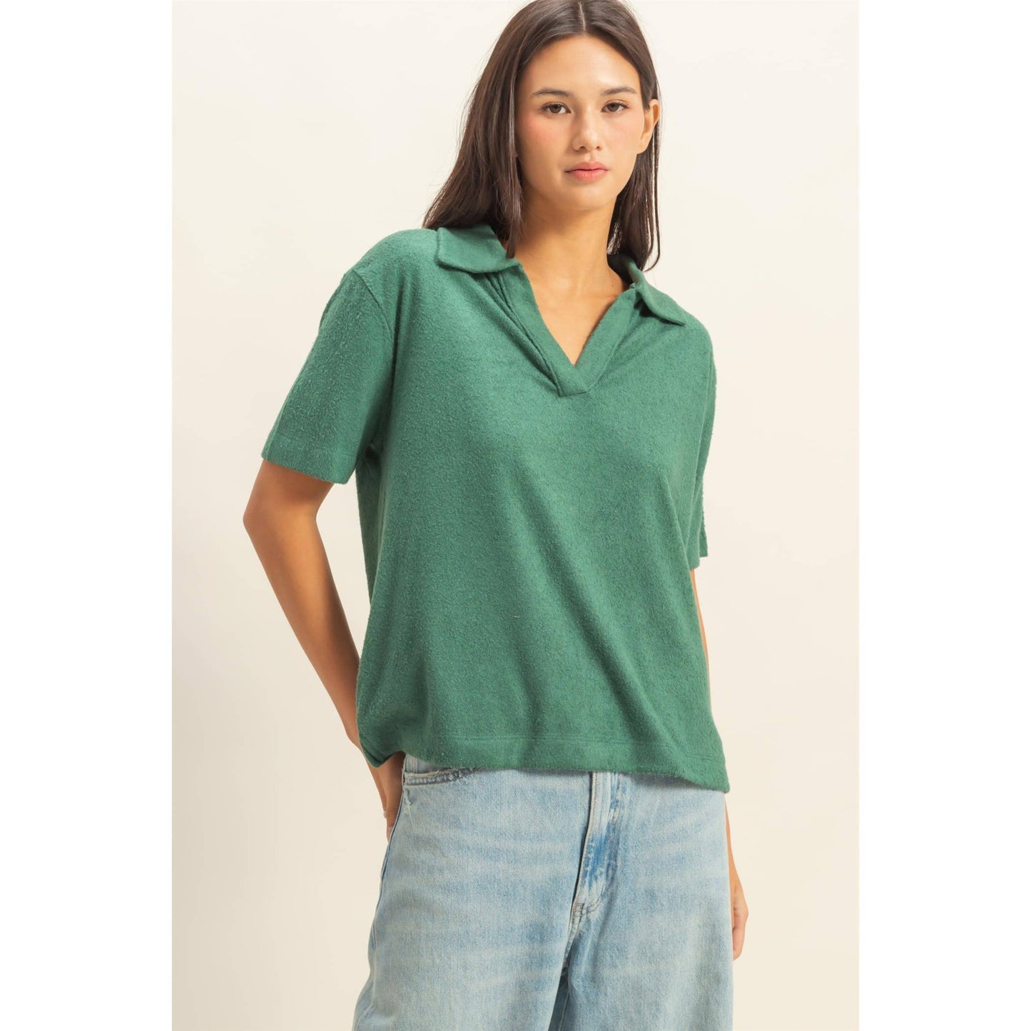 Hunter Green Collared Short Sleeve Top