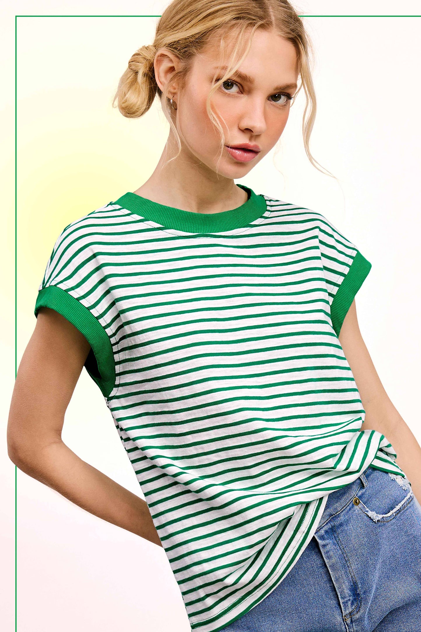 Cap Sleeve Striped Top: KellyGreen