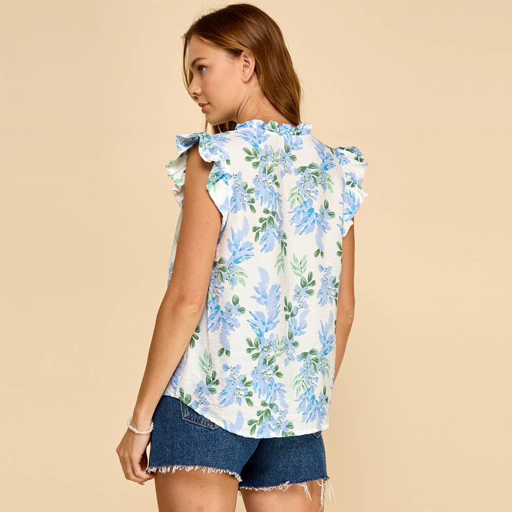 Blue Floral Print Blouse with Ruffle Cap Sleeves