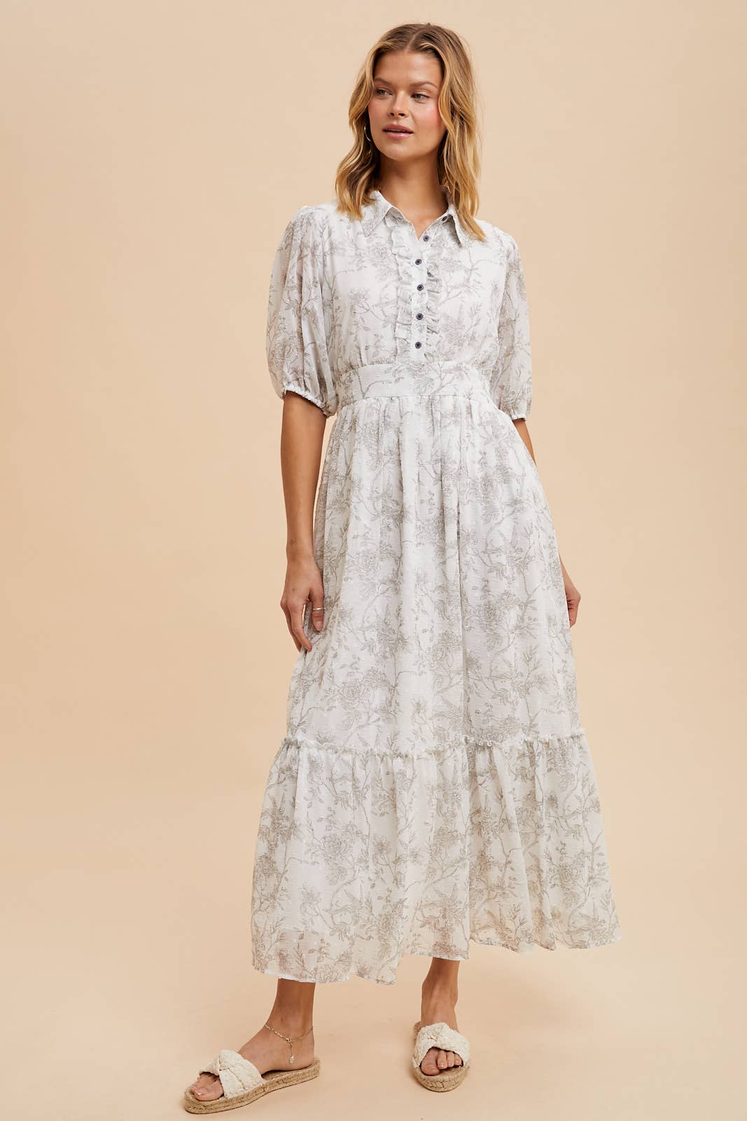 Floral Swill Dot Button Down Dress- cream/stone color