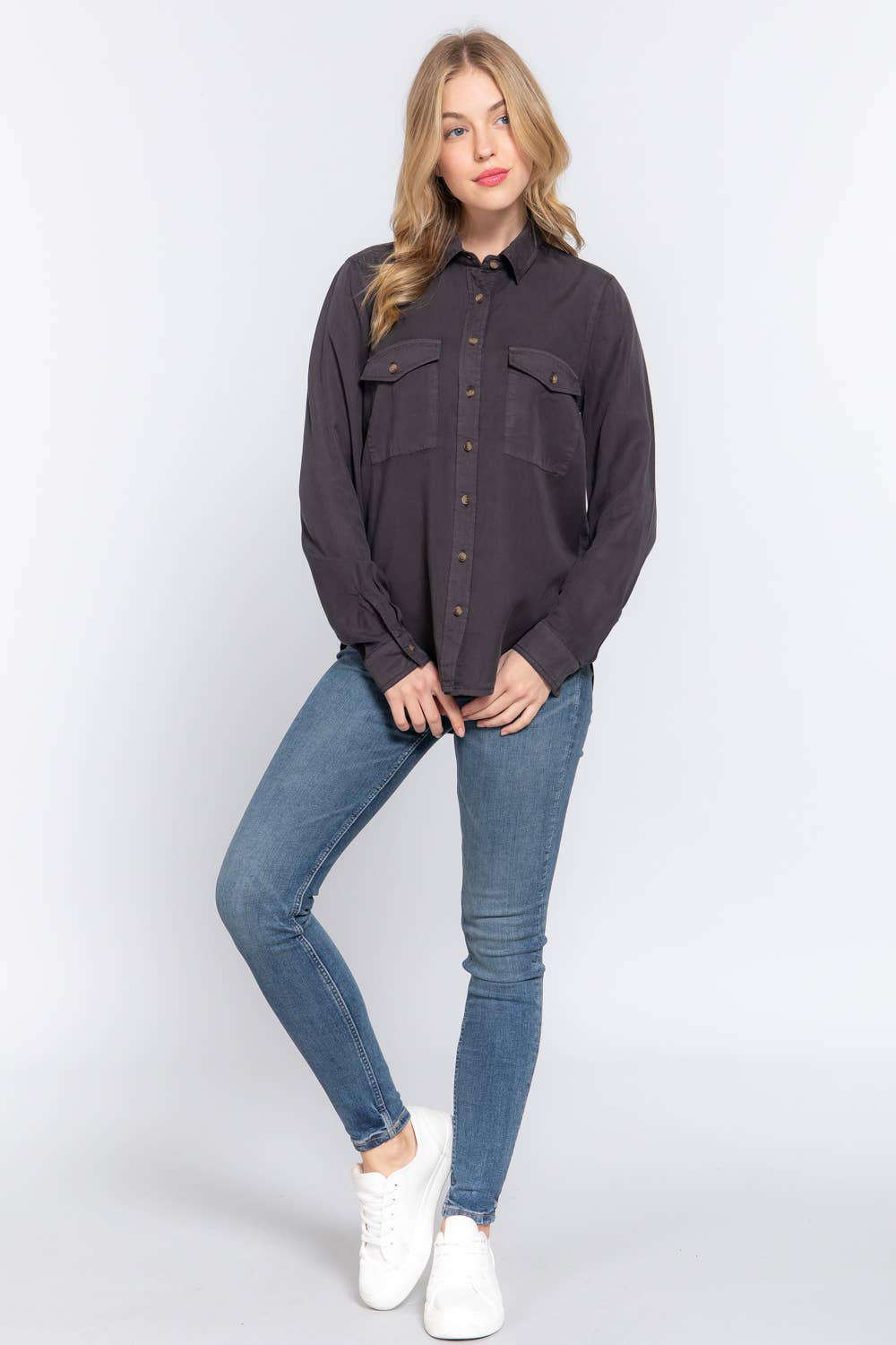 Long Sleeve Tencel Shirt- Charcoal