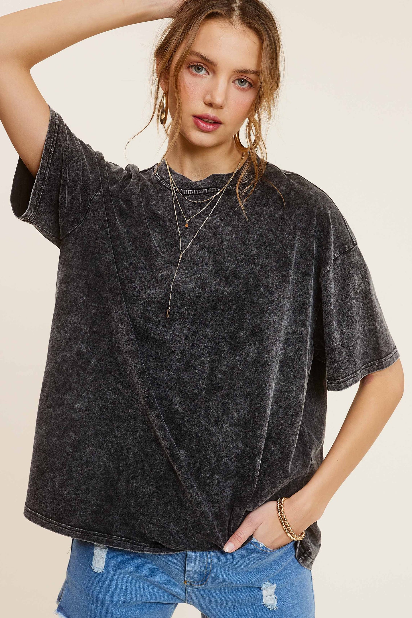 Mineral Washed Oversized Short Sleeve Basic Top- Charcoal