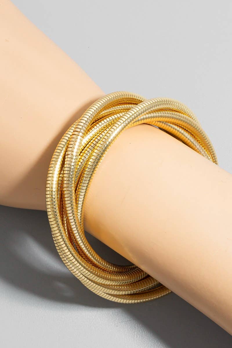 Knotted Elastic Metallic Coil Bracelet Set- Gold