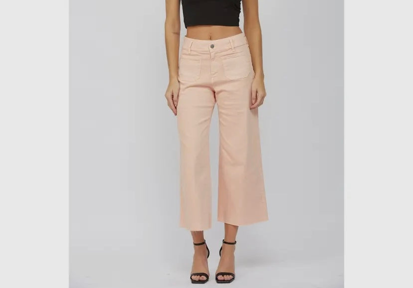 Cropped Wide Leg Denim with Frayed Hem- Peach