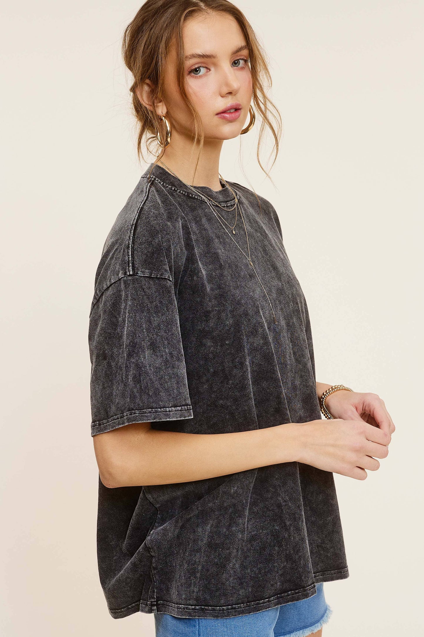 Mineral Washed Oversized Short Sleeve Basic Top- Charcoal