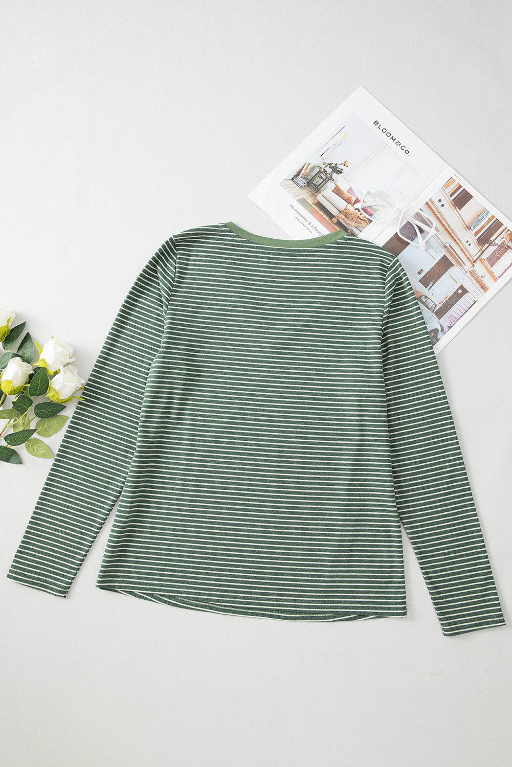 Stripe V-Neck Long Sleeve Top- Green
