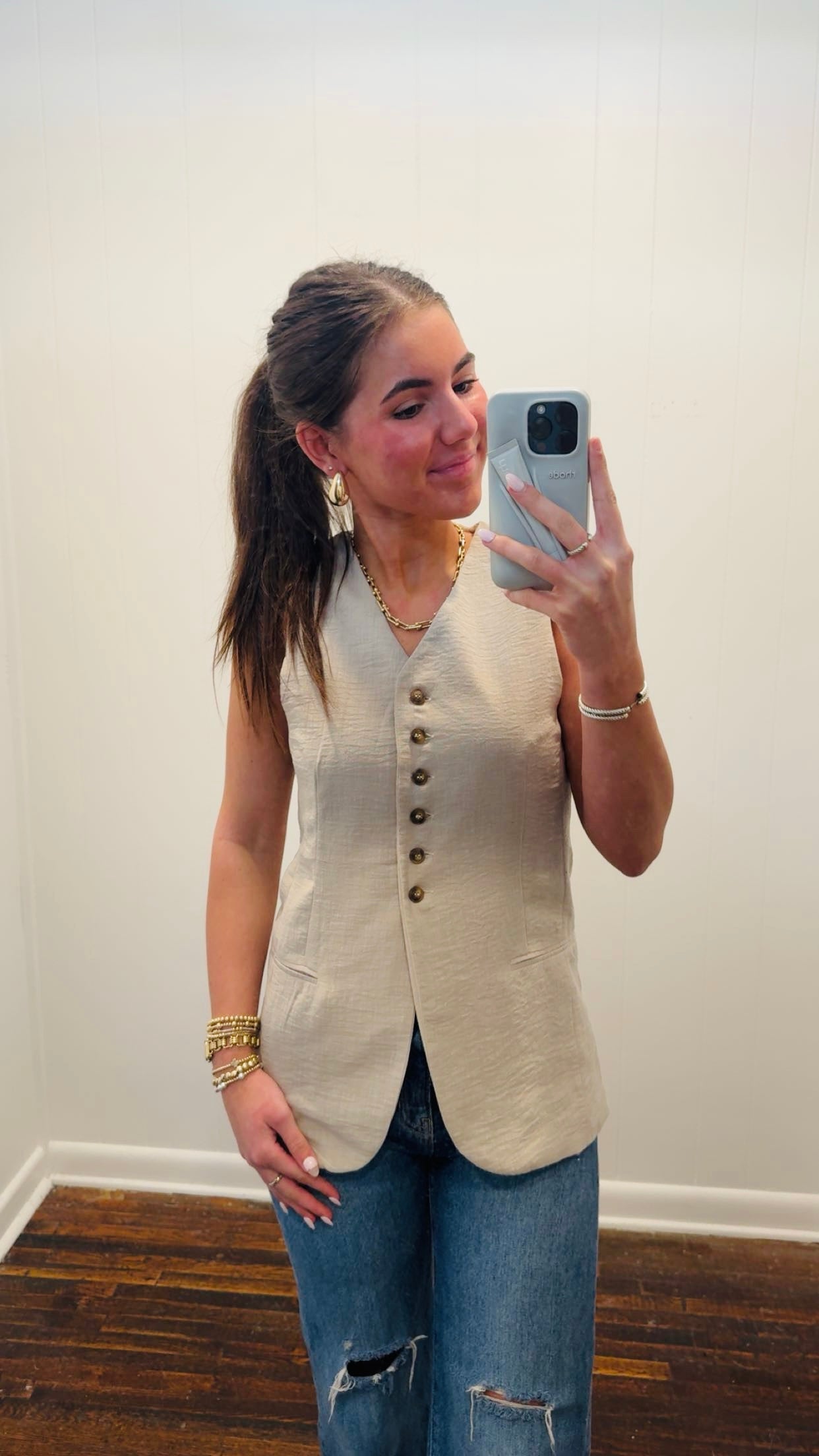Long Linen Button Down Vest