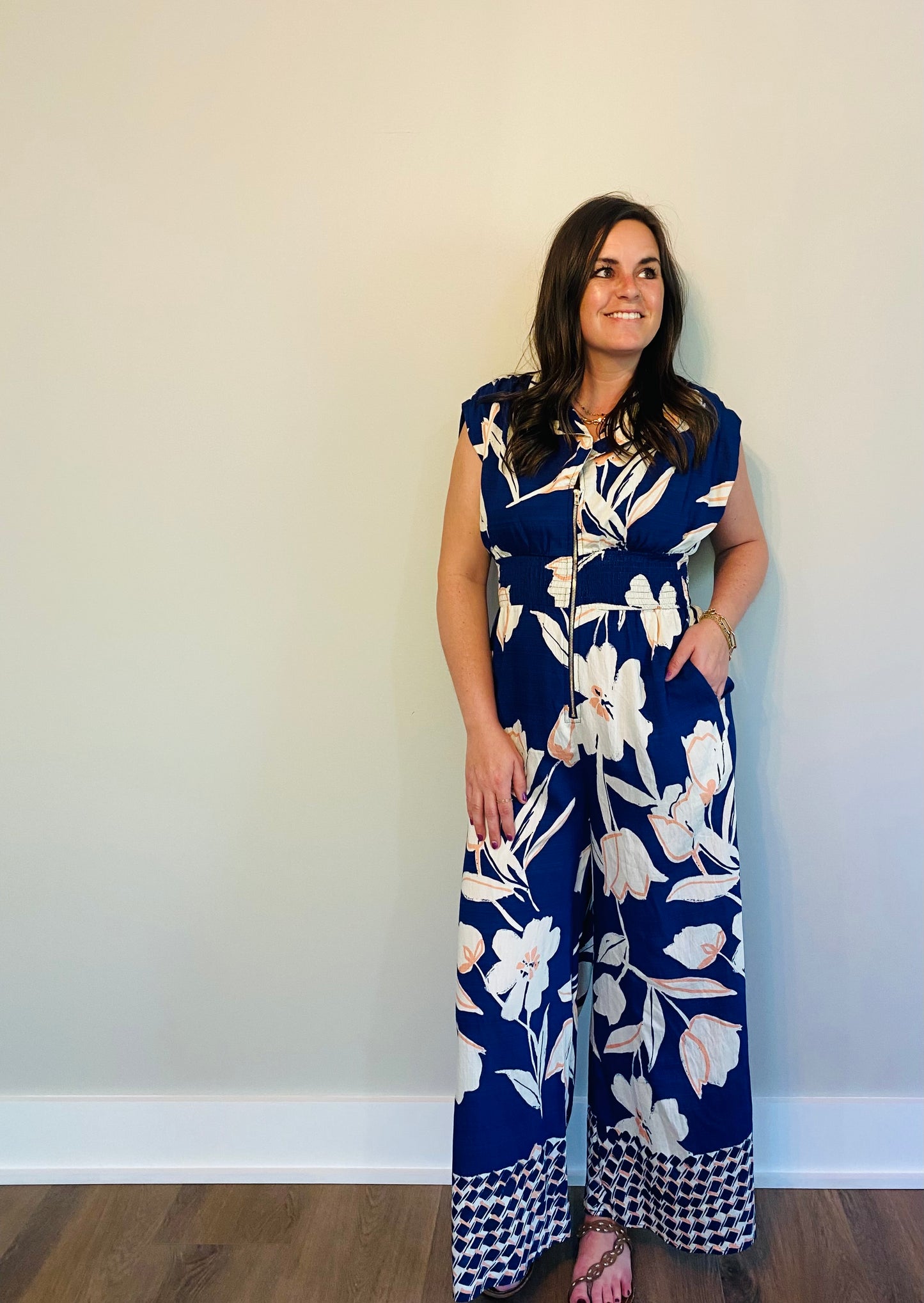 Navy Floral Wide Leg Jumpsuit