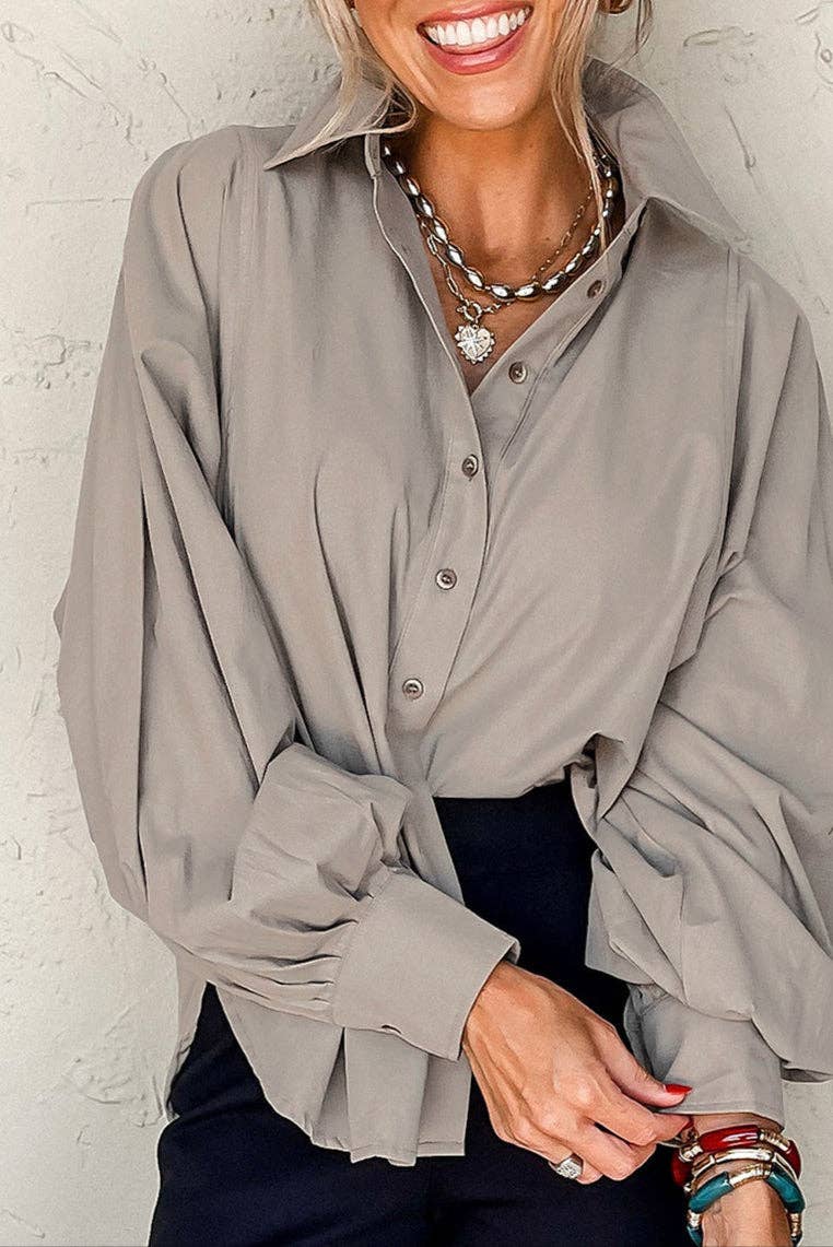 Solid Balloon Sleeve Buttoned Collared Shirt