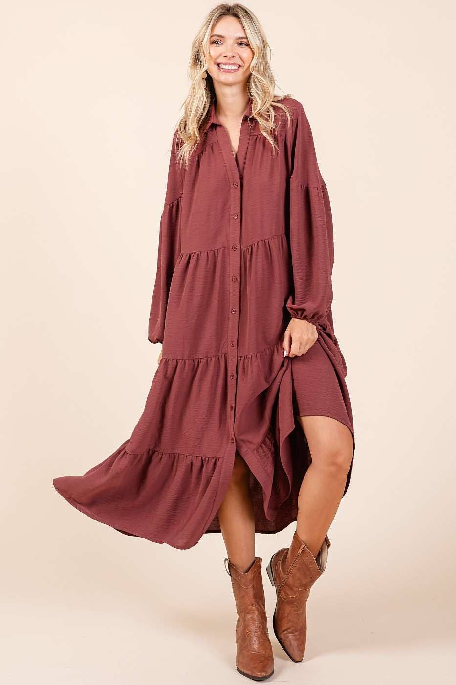 Airflow Button Down Long Sleeve Tiered Dress- Sienna