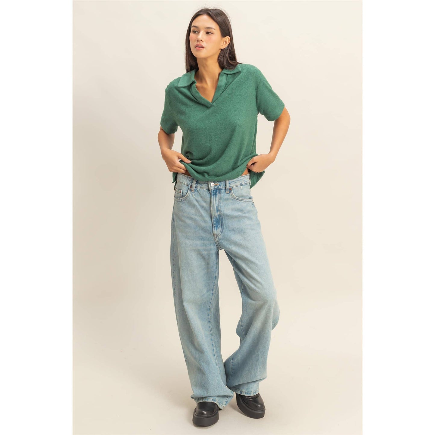 Hunter Green Collared Short Sleeve Top