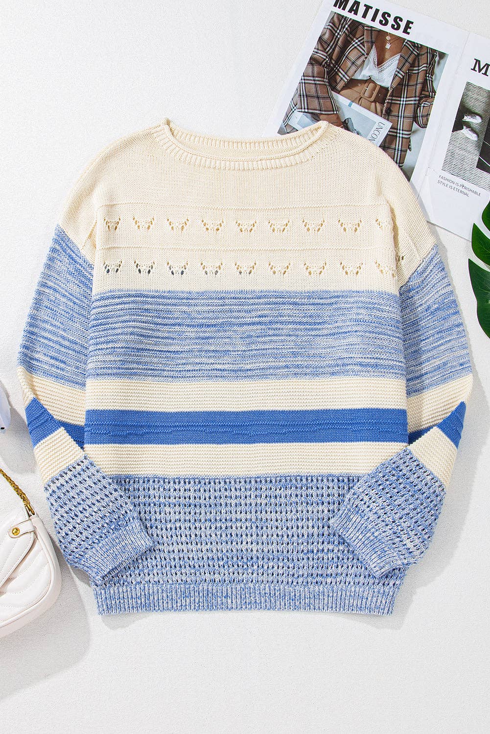 Light Blue 3/4 Sleeve Striped Sweater