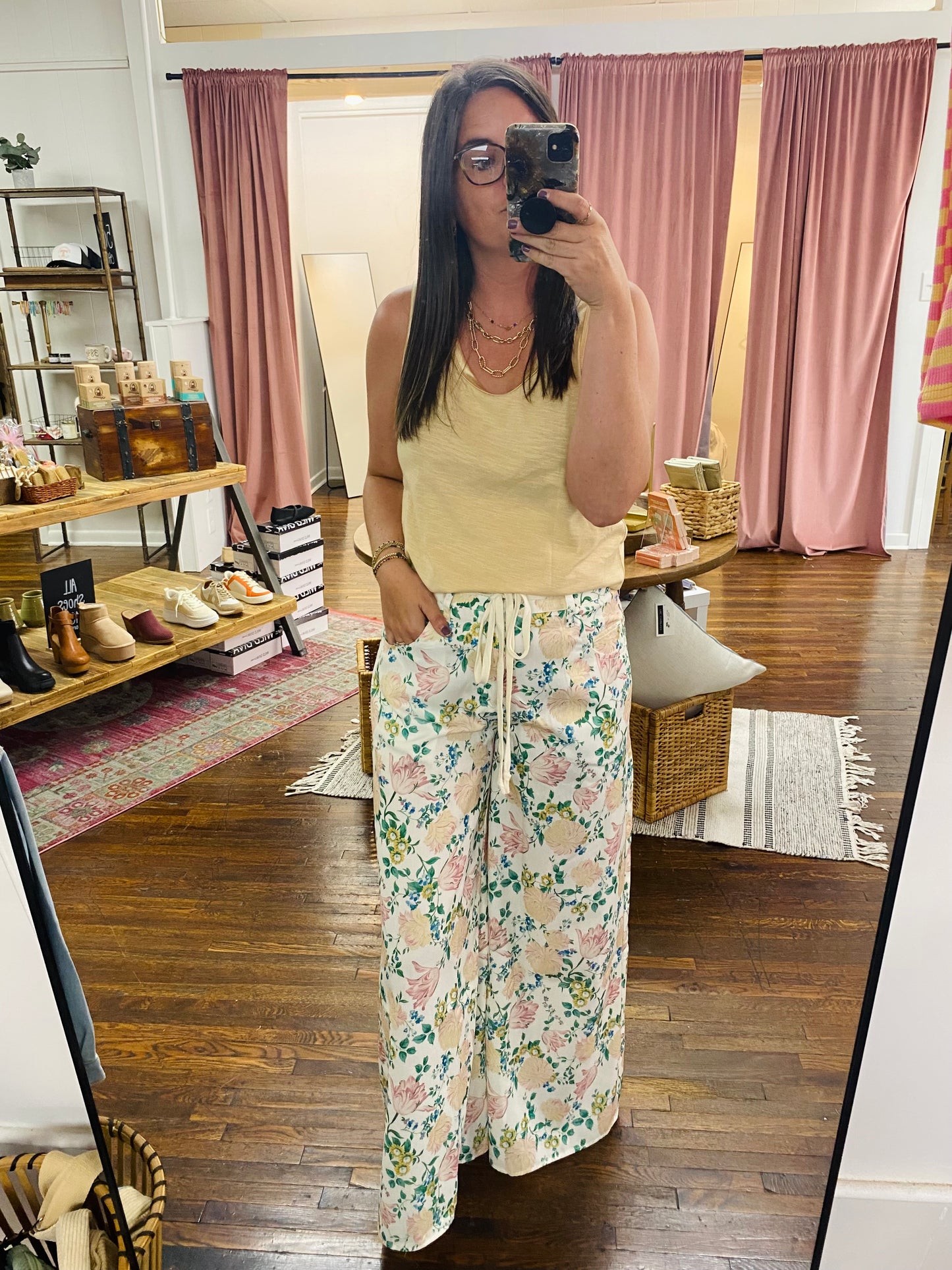 Cream Flower Printed Pants