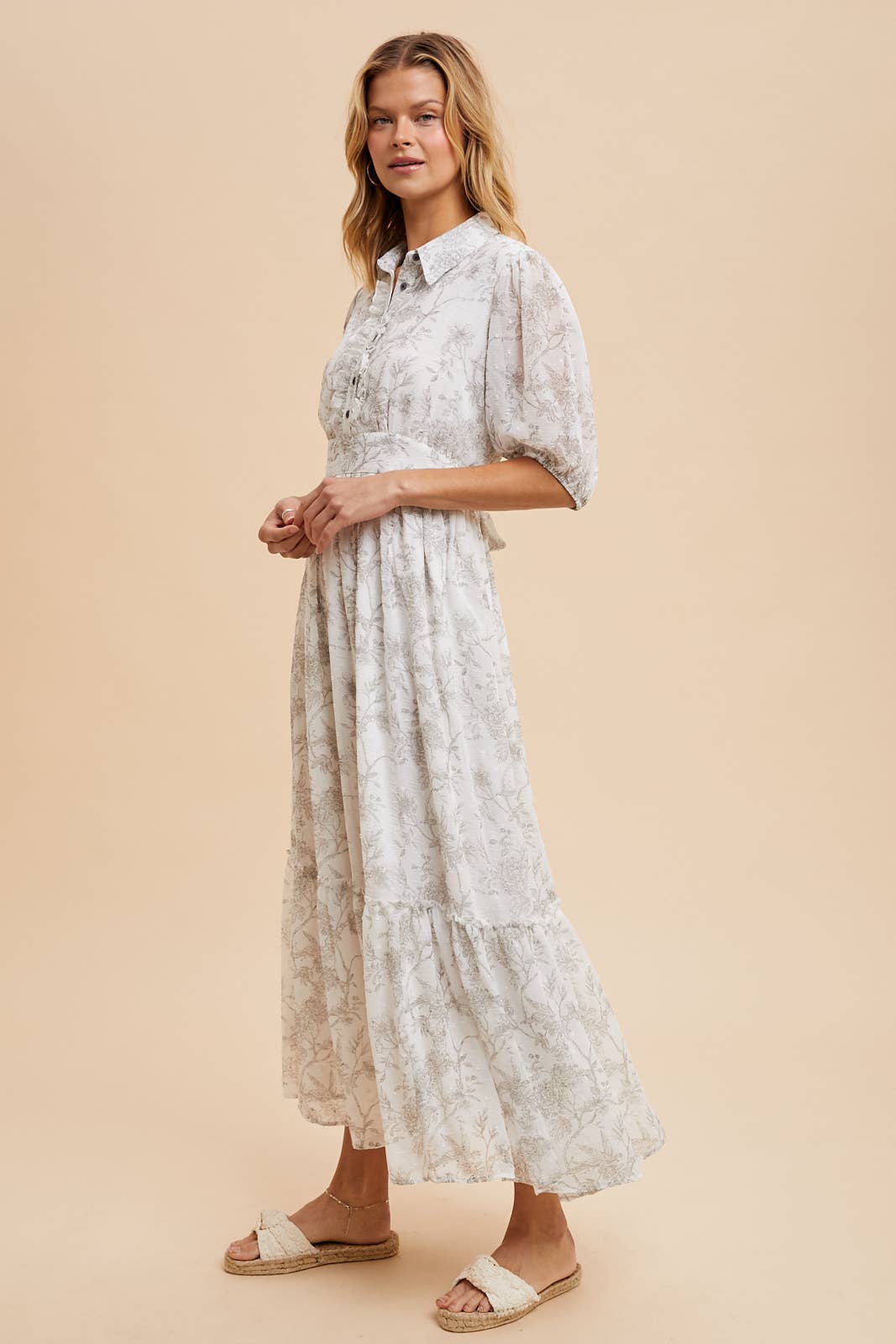 Floral Swill Dot Button Down Dress- cream/stone color