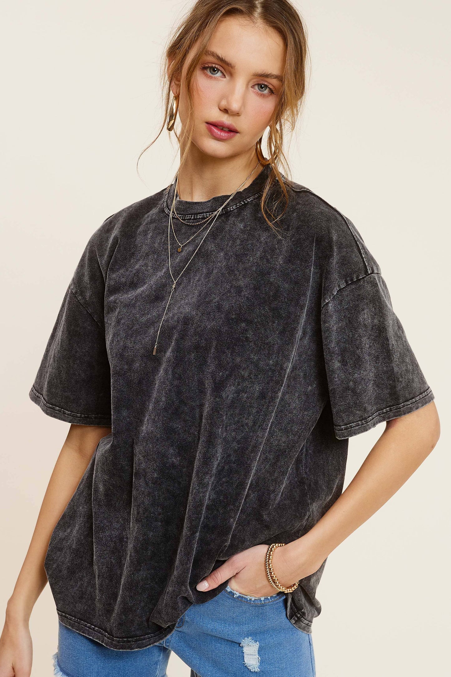 Mineral Washed Oversized Short Sleeve Basic Top- Charcoal