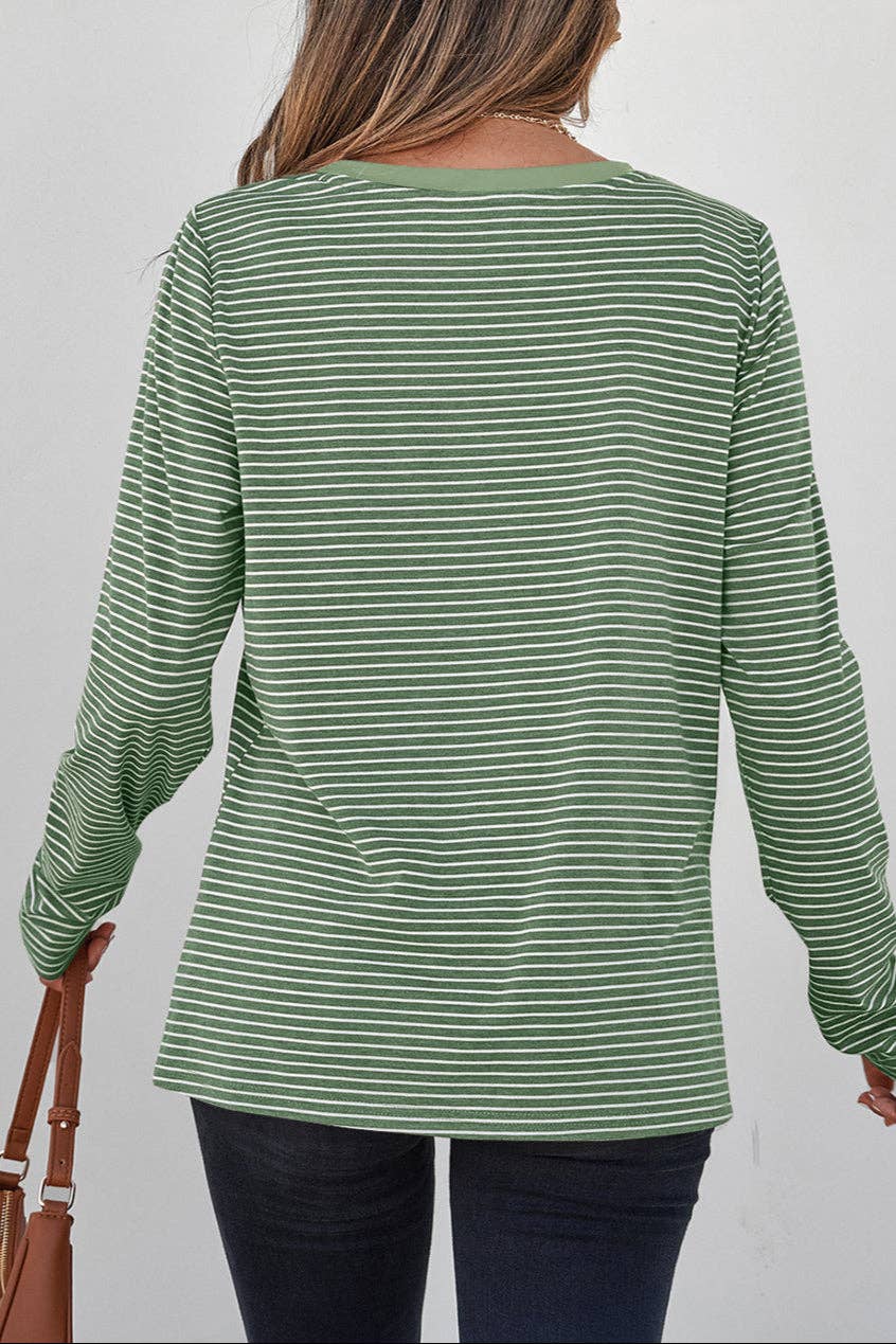 Stripe V-Neck Long Sleeve Top- Green