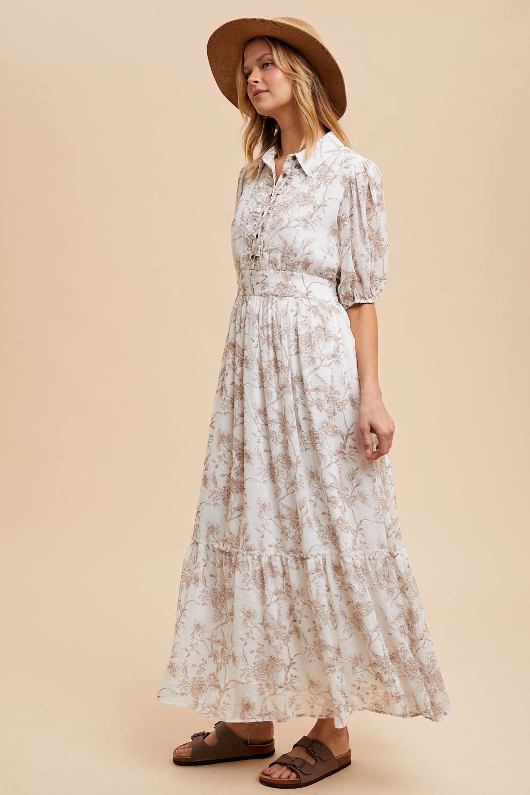 Floral Swill Dot Button Down Dress- cream/stone color
