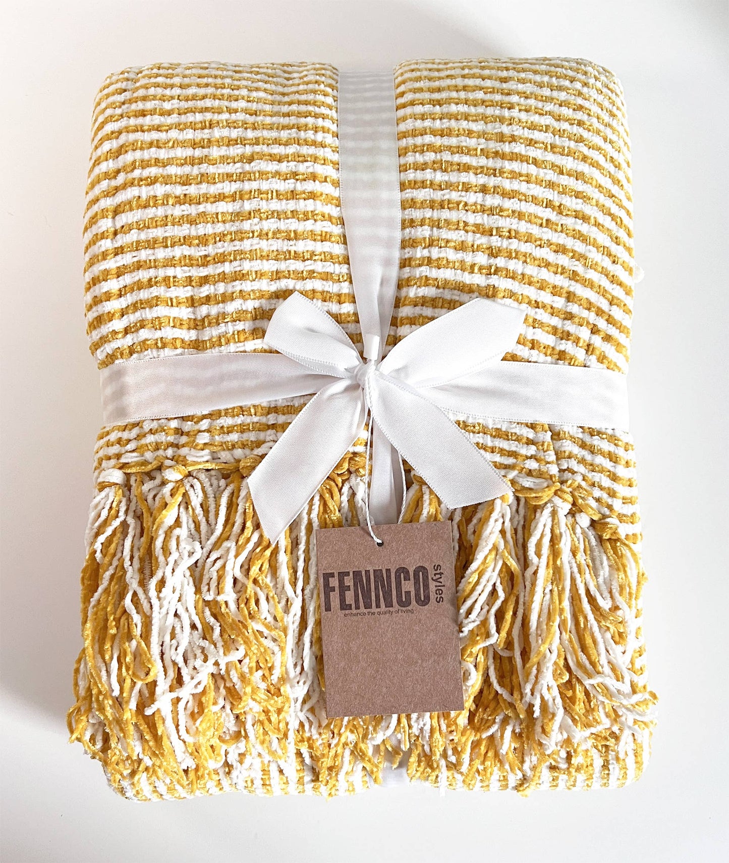 Mustard Chenille Woven Striped Throw Blanket