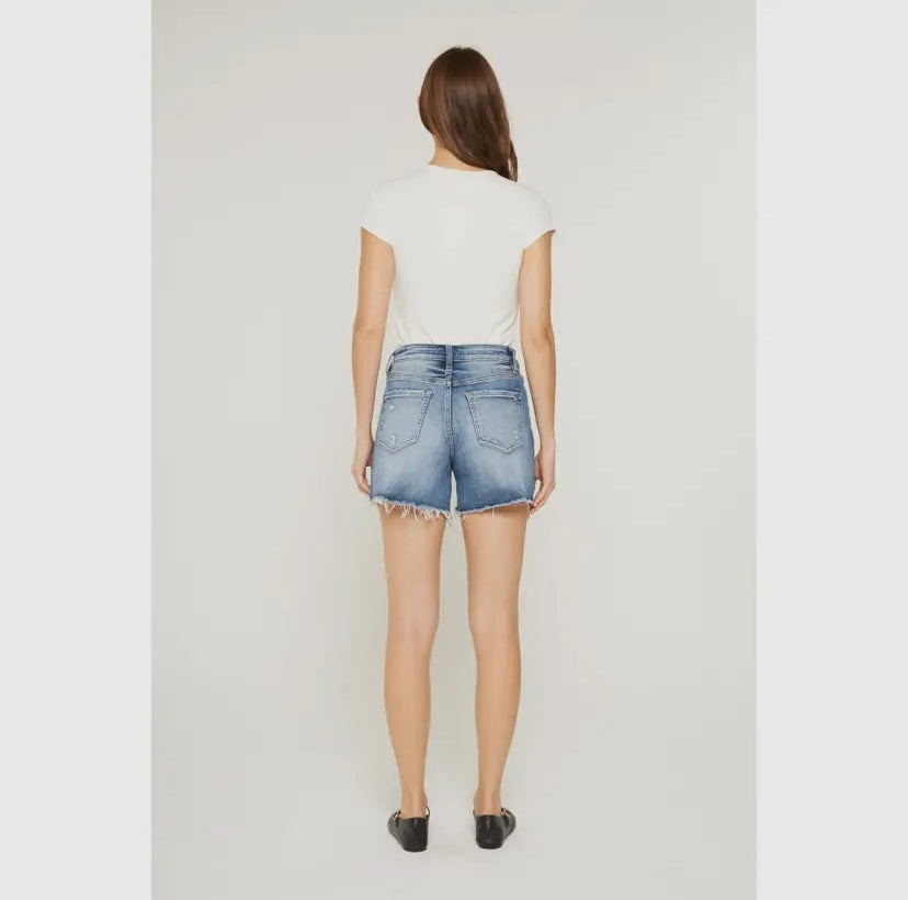 High Raw Hem Mid Length Denim Shorts