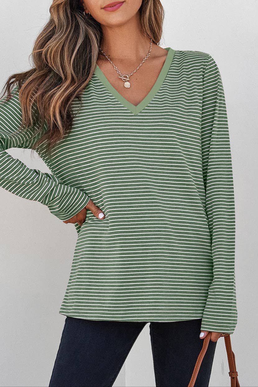 Stripe V-Neck Long Sleeve Top- Green