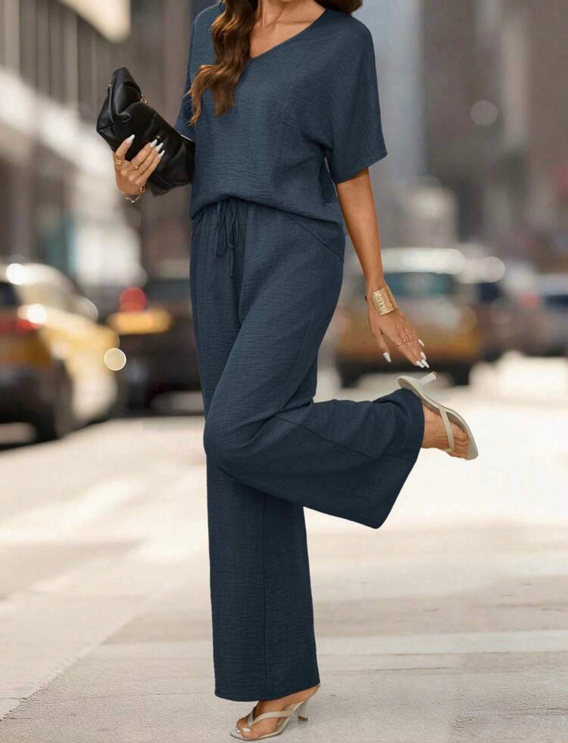 V-Neck Short Sleeve Top & Wide-Leg Pants Set