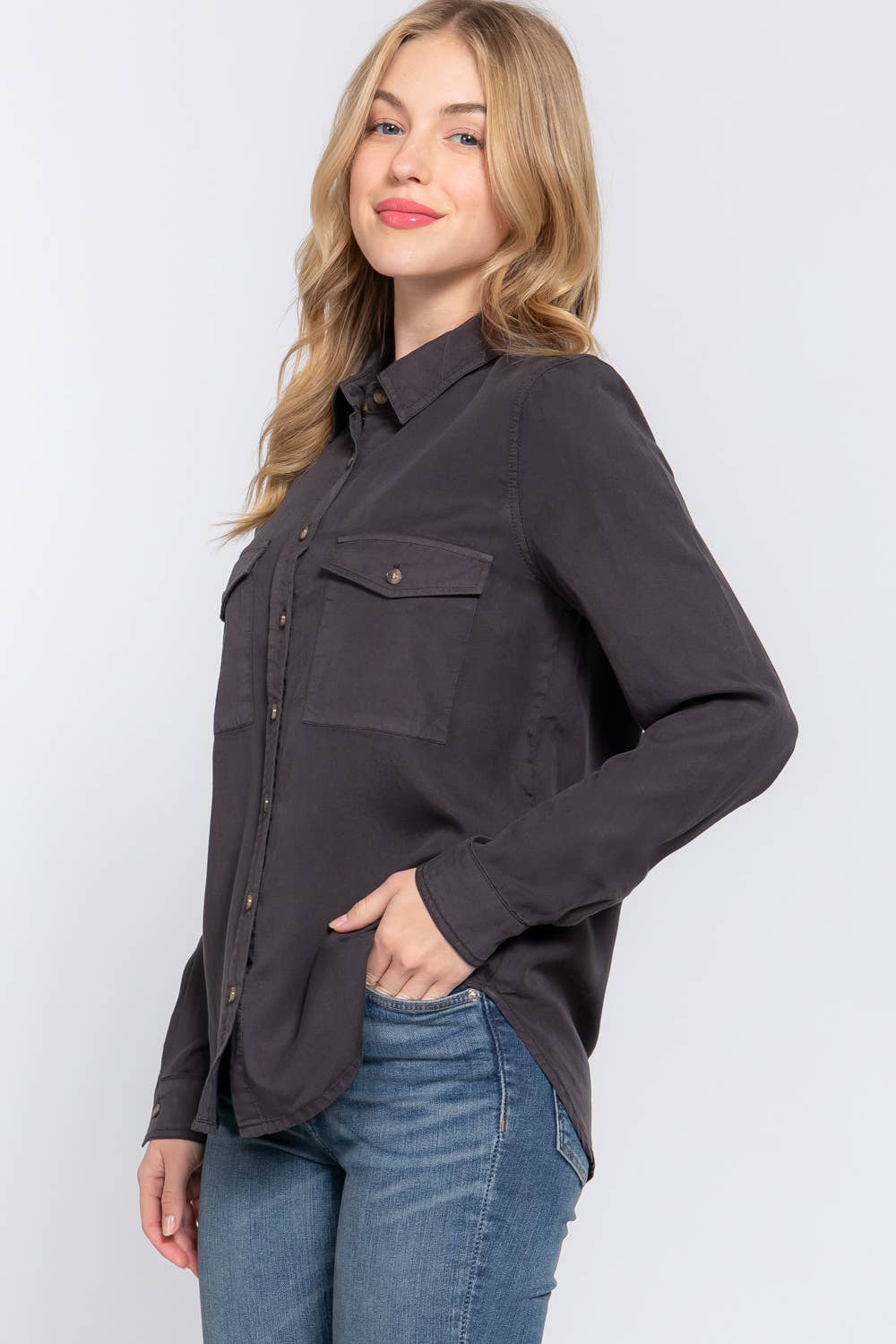 Long Sleeve Tencel Shirt- Charcoal