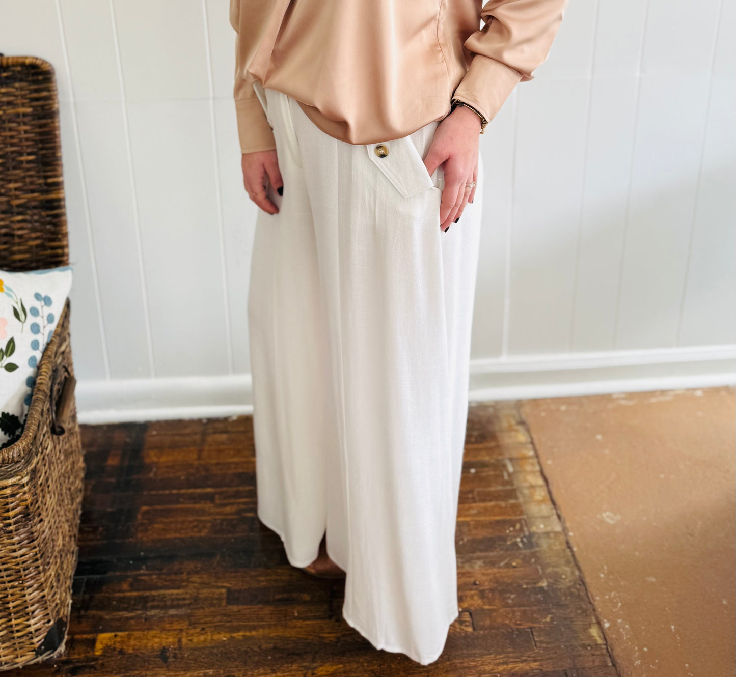 Linen Blended High Waist Wideleg Pants