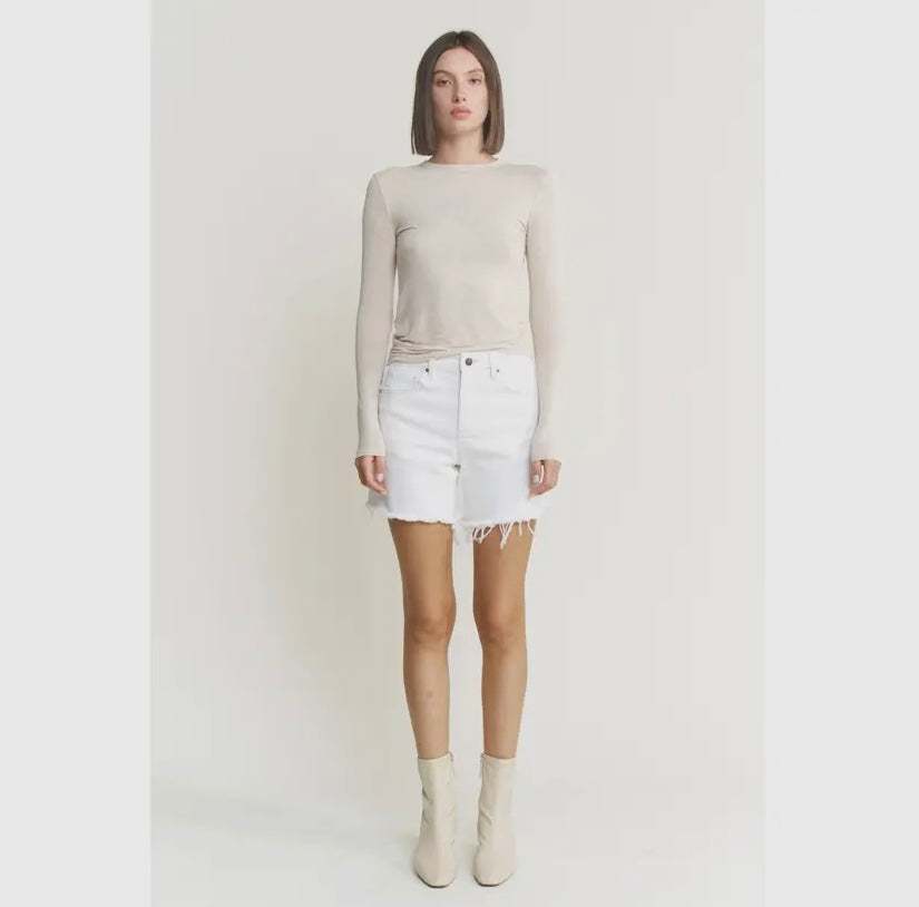 High Rise Distressed Raw Hem White Denim Shorts