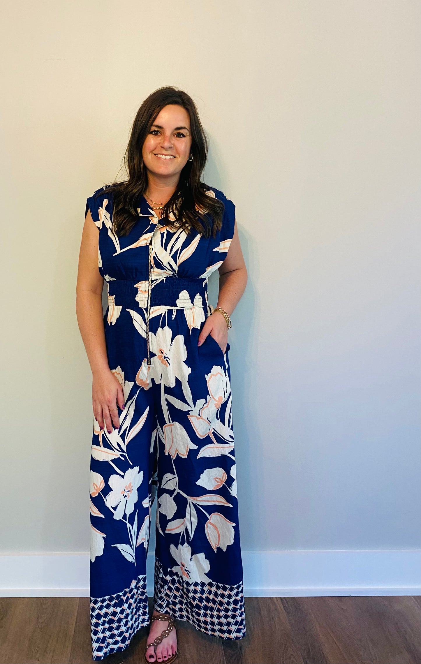 Navy Floral Wide Leg Jumpsuit