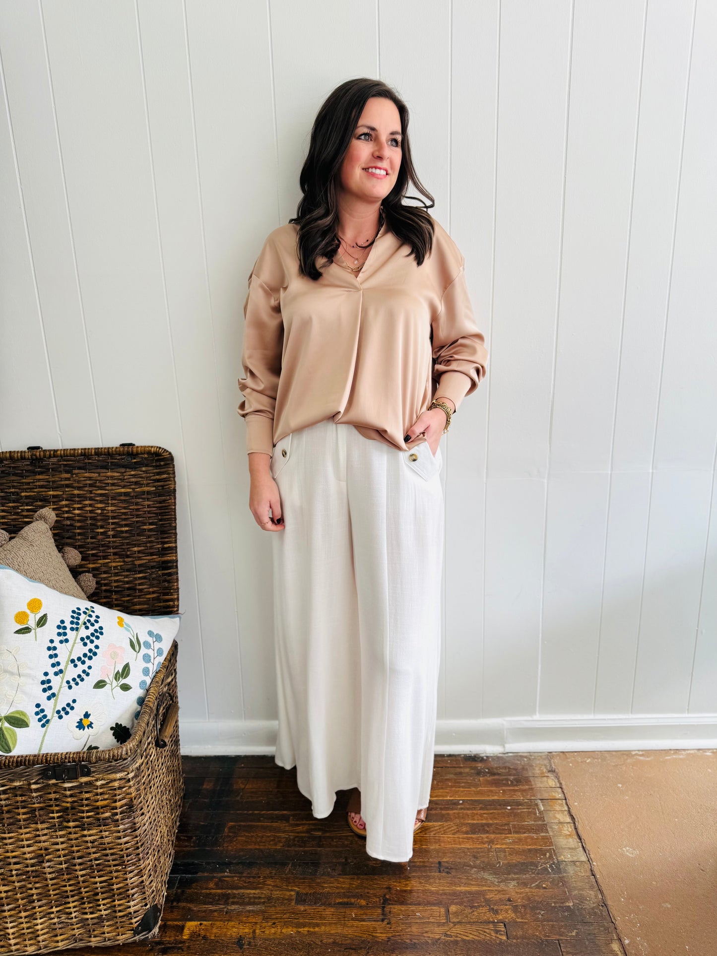 Linen Blended High Waist Wideleg Pants