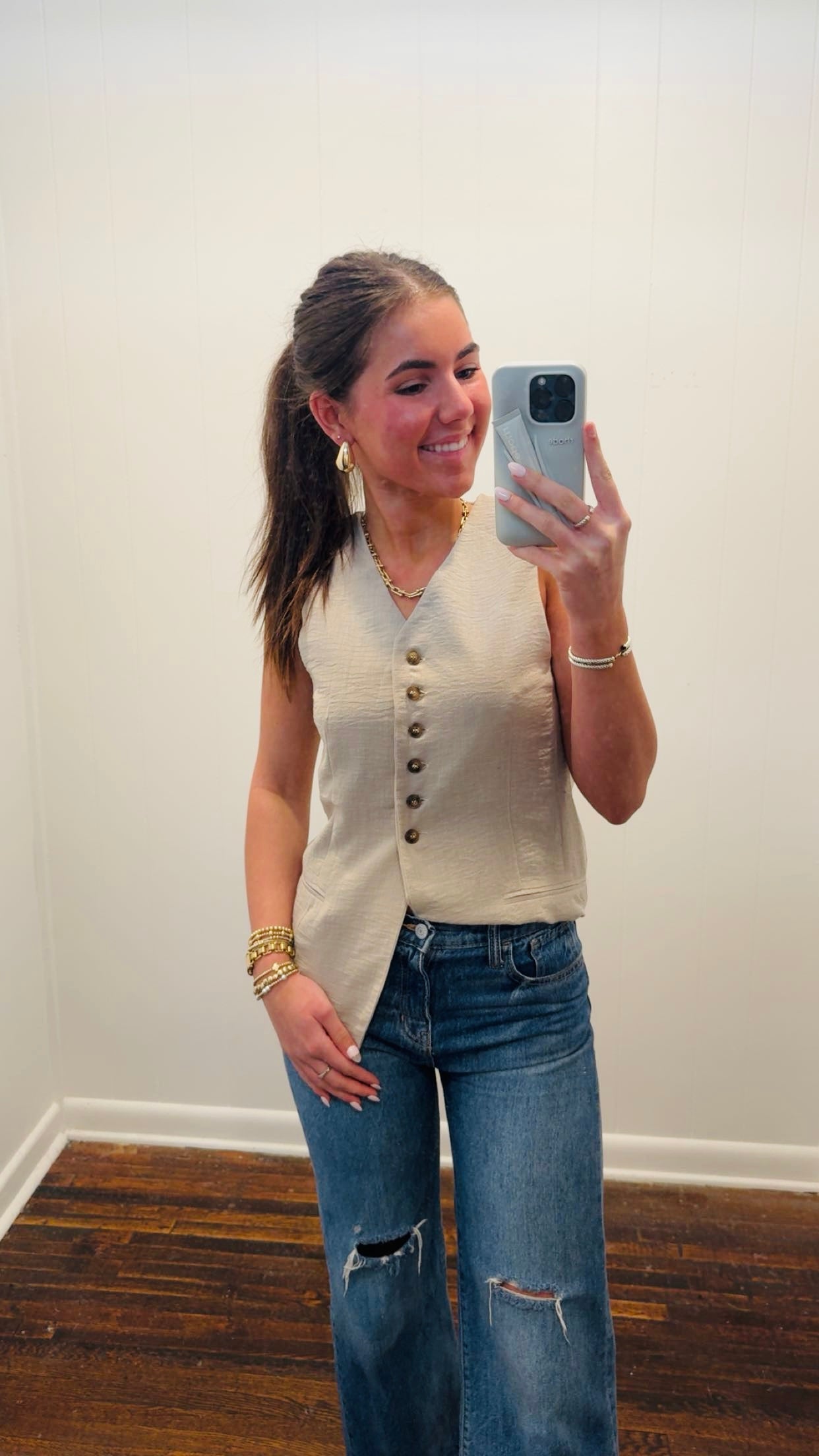 Long Linen Button Down Vest