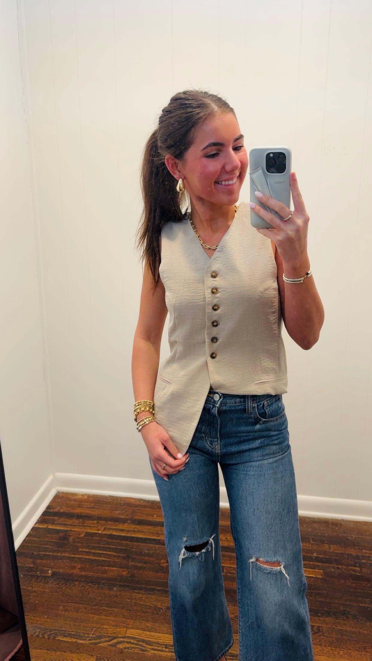 Long Linen Button Down Vest