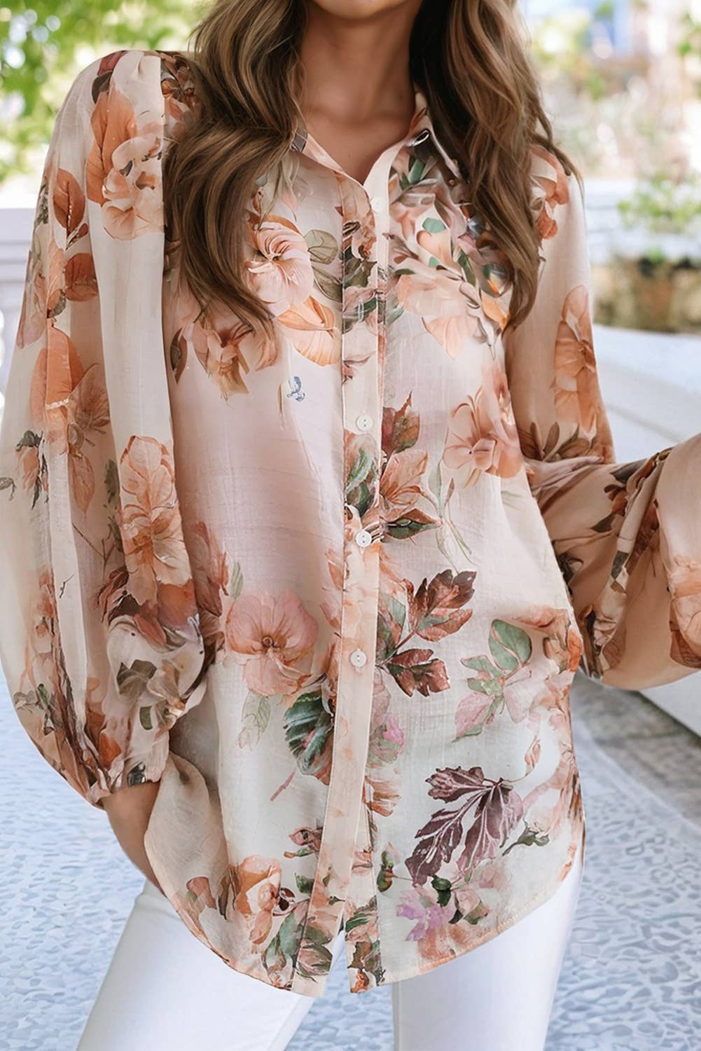 Floral Puff Sleeve Button Down Shirt