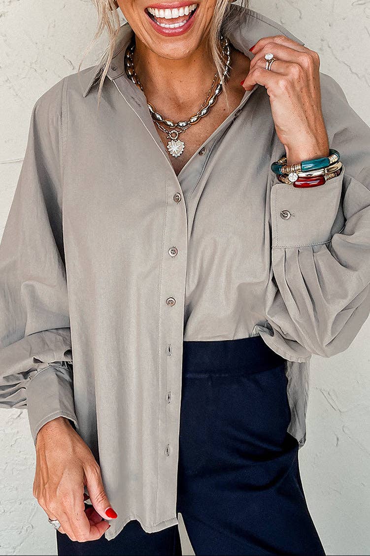 Solid Balloon Sleeve Buttoned Collared Shirt
