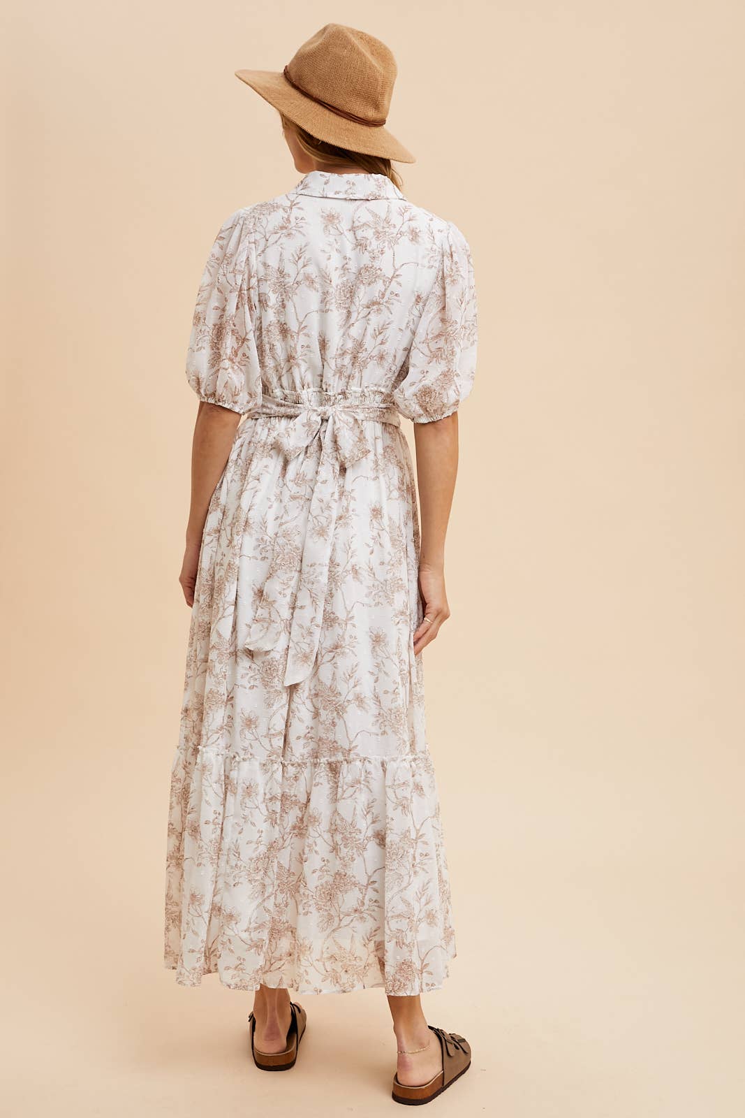Floral Swill Dot Button Down Dress- cream/stone color