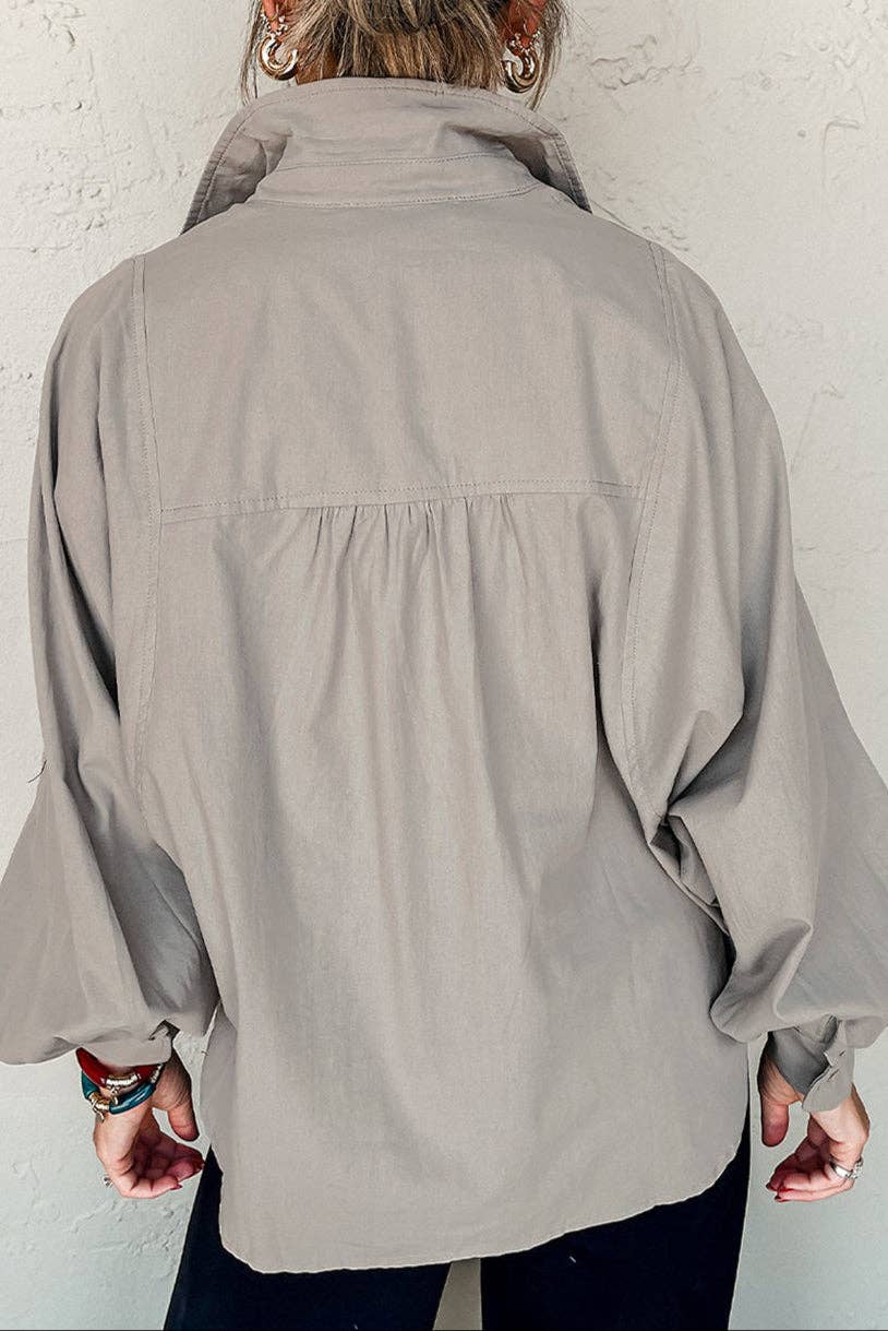 Solid Balloon Sleeve Buttoned Collared Shirt