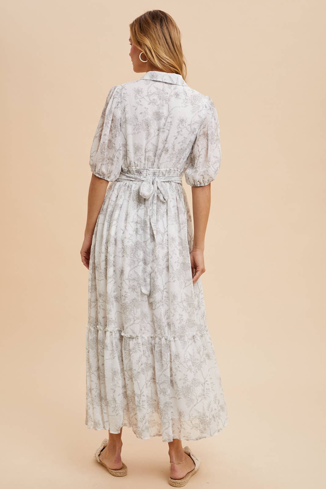 Floral Swill Dot Button Down Dress- cream/stone color