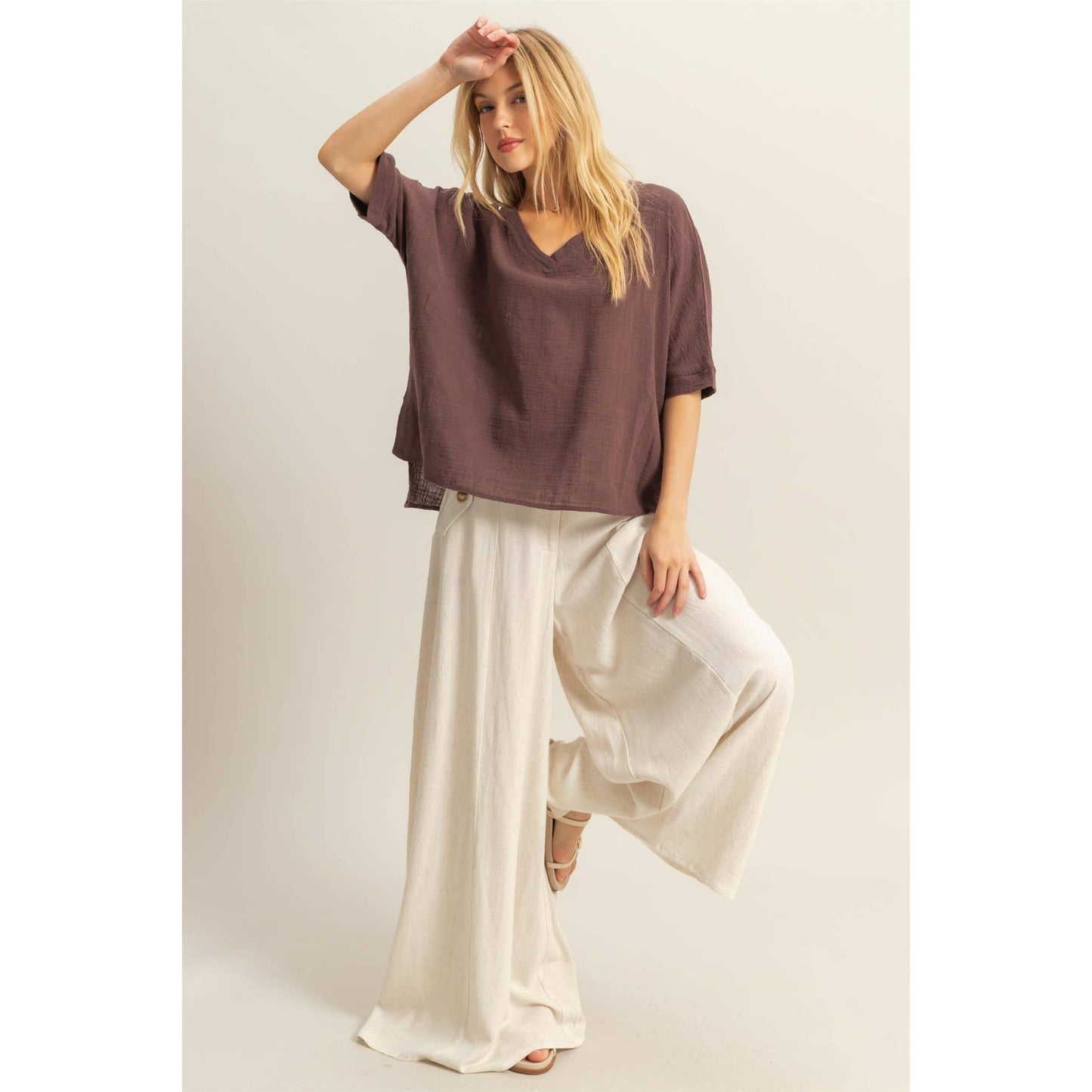 Linen Blended High Waist Wideleg Pants