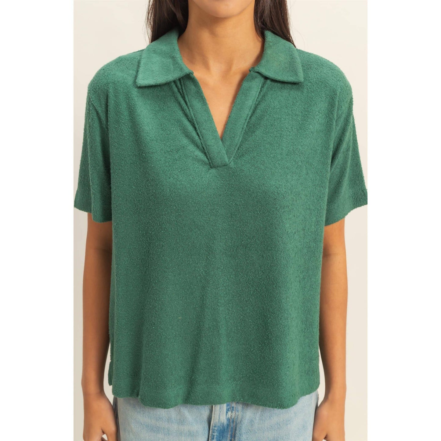 Hunter Green Collared Short Sleeve Top