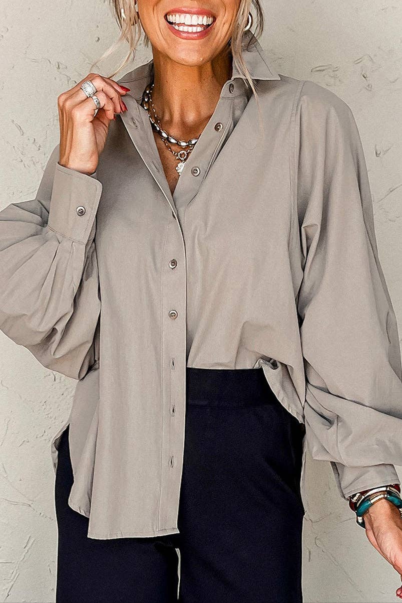Solid Balloon Sleeve Buttoned Collared Shirt