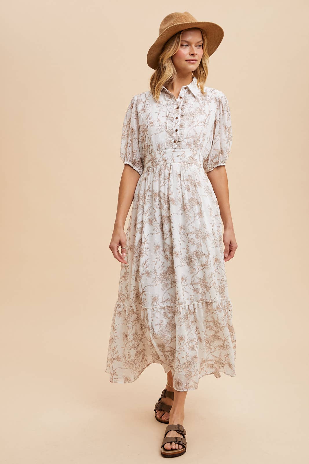 Floral Swill Dot Button Down Dress- cream/stone color